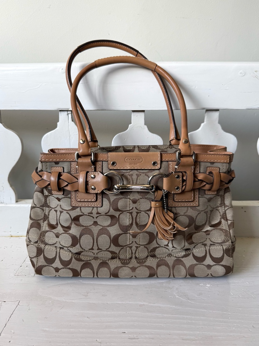Coach Hamptons Signature Jacquard Shoulder Bag in Tan and Brown Mint Condition